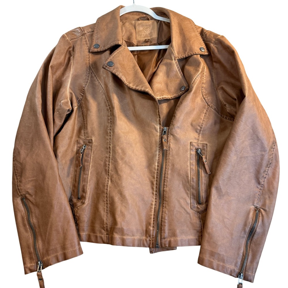 Max Studio Womens Faux Leather Moto Jacket Brown Cognac XL 6710L23